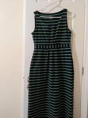 Talbots Navy and Green Striped Sleeveless Maxi Dress